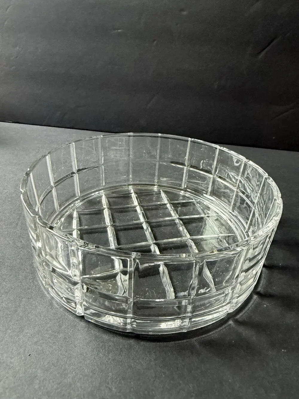 Vintage Cut Crystal Glass Tartan Pattern Bowl Clear Round Modernist Trinket Dish